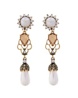 Rhinestone Embellished Artificial Pearl Dangling Waterdrop Vintage Design Women Fashion Earrings