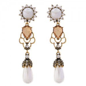 Rhinestone Embellished Artificial Pearl Dangling Waterdrop Vintage Design Women Fashion Earrings
