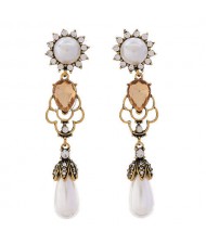 Rhinestone Embellished Artificial Pearl Dangling Waterdrop Vintage Design Women Fashion Earrings