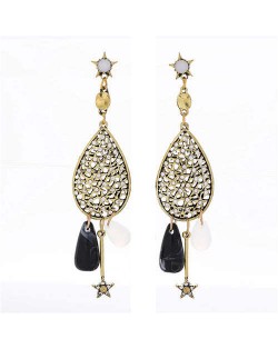 Rhinestone Embellished Hollow Dangling Waterdrop with Star and Bead Tassel Design Women Earrings