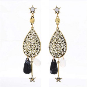 Rhinestone Embellished Hollow Dangling Waterdrop with Star and Bead Tassel Design Women Earrings