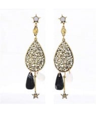 Rhinestone Embellished Hollow Dangling Waterdrop with Star and Bead Tassel Design Women Earrings