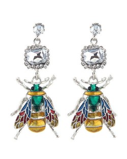 Oil-spot Glazed Bee Rhinestone Embellished High Fashion Women Statement Earrings - White