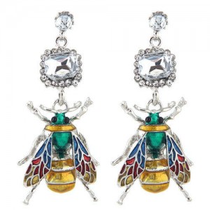 Oil-spot Glazed Bee Rhinestone Embellished High Fashion Women Statement Earrings - White