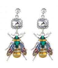 Oil-spot Glazed Bee Rhinestone Embellished High Fashion Women Statement Earrings - White