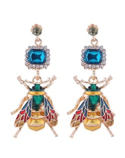 Oil-spot Glazed Bee Rhinestone Embellished High Fashion Women Statement Earrings - Blue