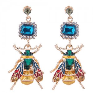 Oil-spot Glazed Bee Rhinestone Embellished High Fashion Women Statement Earrings - Blue