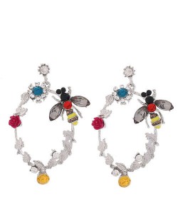 Bee and Floral Hoop Design High Fashion Women Costume Earrings - Silver