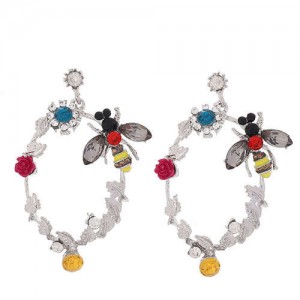 Bee and Floral Hoop Design High Fashion Women Costume Earrings - Silver