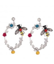 Bee and Floral Hoop Design High Fashion Women Costume Earrings - Silver