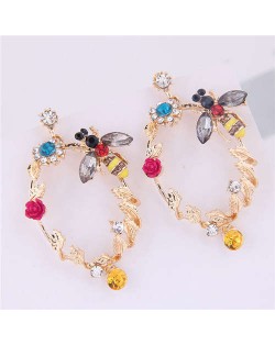Bee and Floral Hoop Design High Fashion Women Costume Earrings - Golden