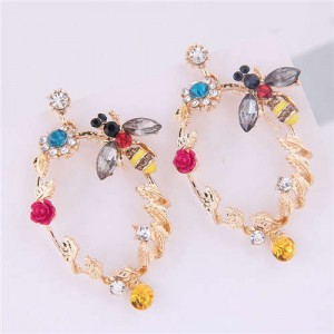 Bee and Floral Hoop Design High Fashion Women Costume Earrings - Golden