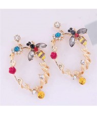 Bee and Floral Hoop Design High Fashion Women Costume Earrings - Golden