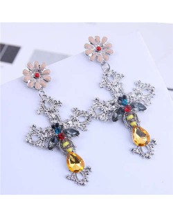 Bee and Flower Fashion Dangling Cross Fashion Statement Earrings - Silver
