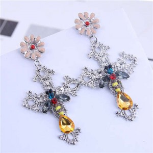 Bee and Flower Fashion Dangling Cross Fashion Statement Earrings - Silver
