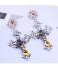 Bee and Flower Fashion Dangling Cross Fashion Statement Earrings - Silver