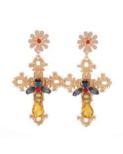 Bee and Flower Fashion Dangling Cross Fashion Statement Earrings - Golden