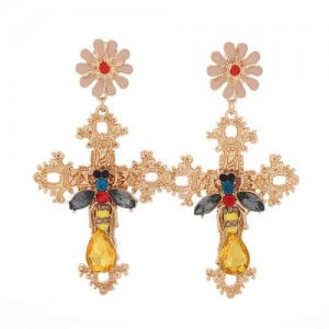 Bee and Flower Fashion Dangling Cross Fashion Statement Earrings - Golden
