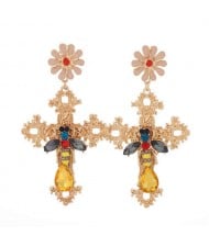 Bee and Flower Fashion Dangling Cross Fashion Statement Earrings - Golden