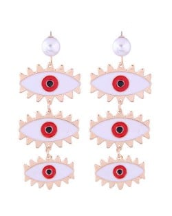 High Fashion Dangling Triple Eyes Design Alloy Costume Earrings - White