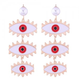 High Fashion Dangling Triple Eyes Design Alloy Costume Earrings - White