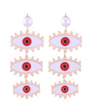 High Fashion Dangling Triple Eyes Design Alloy Costume Earrings - White