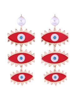 High Fashion Dangling Triple Eyes Design Alloy Costume Earrings - Red