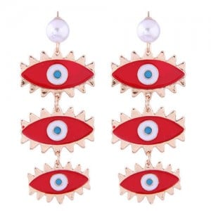 High Fashion Dangling Triple Eyes Design Alloy Costume Earrings - Red