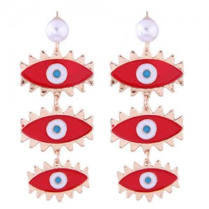 High Fashion Dangling Triple Eyes Design Alloy Costume Earrings - Red