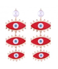 High Fashion Dangling Triple Eyes Design Alloy Costume Earrings - Red
