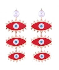 High Fashion Dangling Triple Eyes Design Alloy Costume Earrings - Red