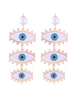 High Fashion Dangling Triple Eyes Design Alloy Costume Earrings - Blue