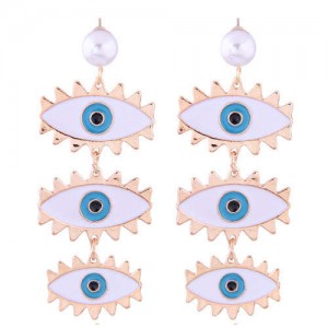 High Fashion Dangling Triple Eyes Design Alloy Costume Earrings - Blue