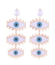 High Fashion Dangling Triple Eyes Design Alloy Costume Earrings - Blue