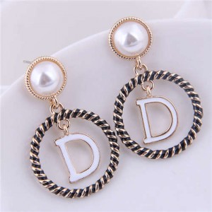 Alphabet D Inlaid Alloy Hoop Design Women Fashion Statement Earrings
