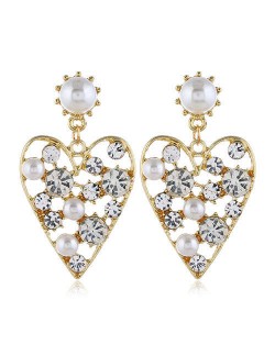 Rhinestone and Artificial Pearl Embellished Hollow Peach Heart Design Women Fashion Statement Earrings - White 