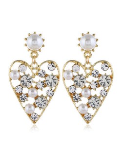 Rhinestone and Artificial Pearl Embellished Hollow Peach Heart Design Women Fashion Statement Earrings - White 