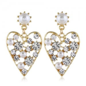 Rhinestone and Artificial Pearl Embellished Hollow Peach Heart Design Women Fashion Statement Earrings - White 