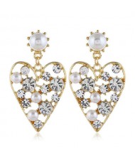 Rhinestone and Artificial Pearl Embellished Hollow Peach Heart Design Women Fashion Statement Earrings - White 