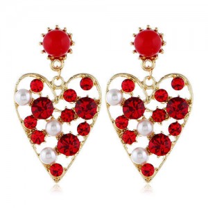 Rhinestone and Artificial Pearl Embellished Hollow Peach Heart Design Women Fashion Statement Earrings - Red