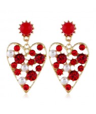 Rhinestone and Artificial Pearl Embellished Hollow Peach Heart Design Women Fashion Statement Earrings - Red