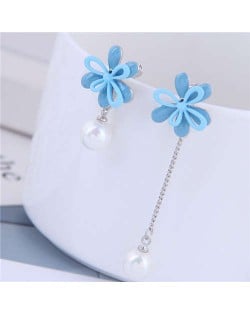 Dangling Pearl Korean Fashion Flower Design Asymetric Women Earrings - Blue