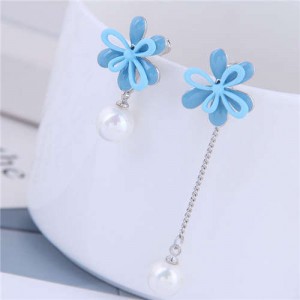 Dangling Pearl Korean Fashion Flower Design Asymetric Women Earrings - Blue