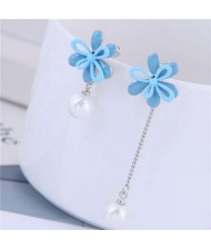 Dangling Pearl Korean Fashion Flower Design Asymetric Women Earrings - Blue