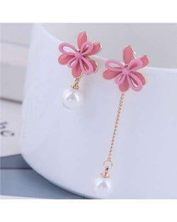 Dangling Pearl Korean Fashion Flower Design Asymetric Women Earrings - Pink