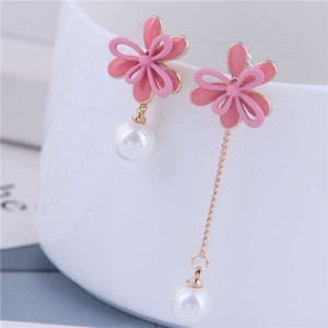 Dangling Pearl Korean Fashion Flower Design Asymetric Women Earrings - Pink