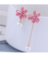Dangling Pearl Korean Fashion Flower Design Asymetric Women Earrings - Pink