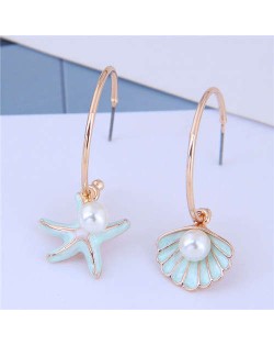 Starfish and Seashell Asymetric Design Korean Fashion Women Earrings - Green