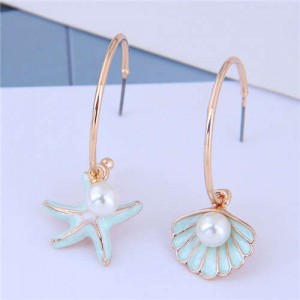 Starfish and Seashell Asymetric Design Korean Fashion Women Earrings - Green