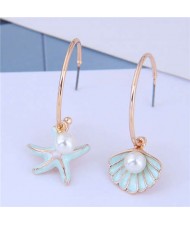 Starfish and Seashell Asymetric Design Korean Fashion Women Earrings - Green
